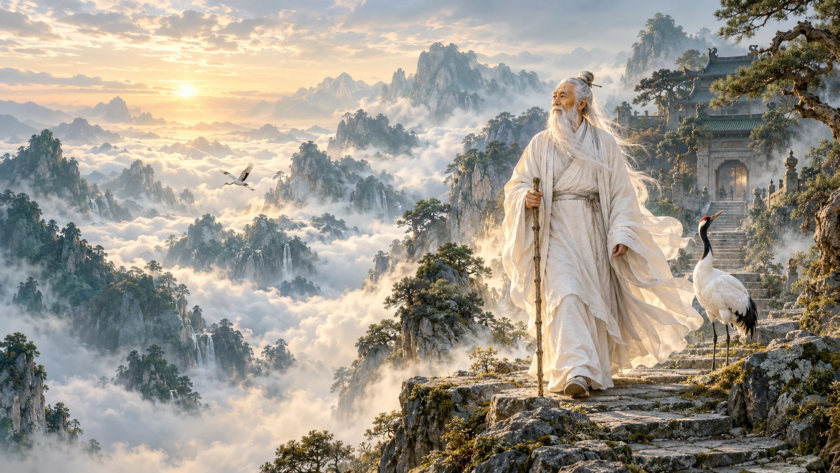 人物与云海群山的道家文化意境图